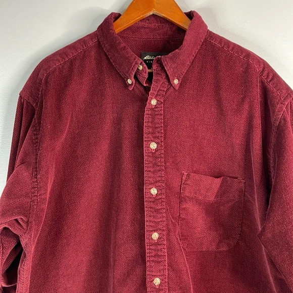 EDDIE BAUER Mens Burgundy Corduroy Herringbone Button Down Shirt Size XL Tall - Picture 3 of 13